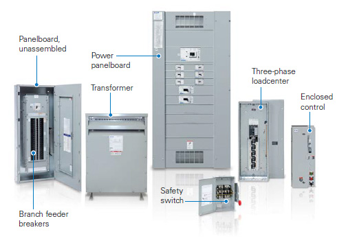 Eaton Pow-R-Xpress panelboard components stocked at a Fromm supply counter for contractor assembly